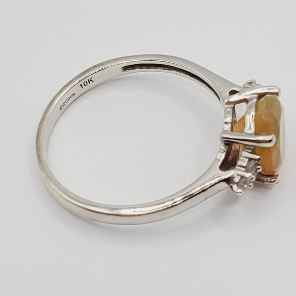 10k Solid White Gold Genuine Ethiopian Oval Opal & White Zircon Ring